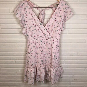 No Frills Pink Floral Ruffle Open Back Mini Dress, Women’s Size Medium